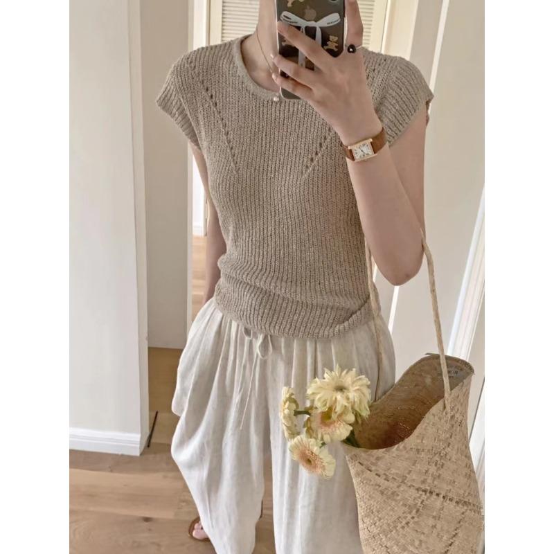 Fashion Summer Thin Ice Silk Women Knitted Sweater Short Sleeved Women's T-shirt O Neck Casual Simple Office Slim Fit Lace-up Elegant Hollow Out Top