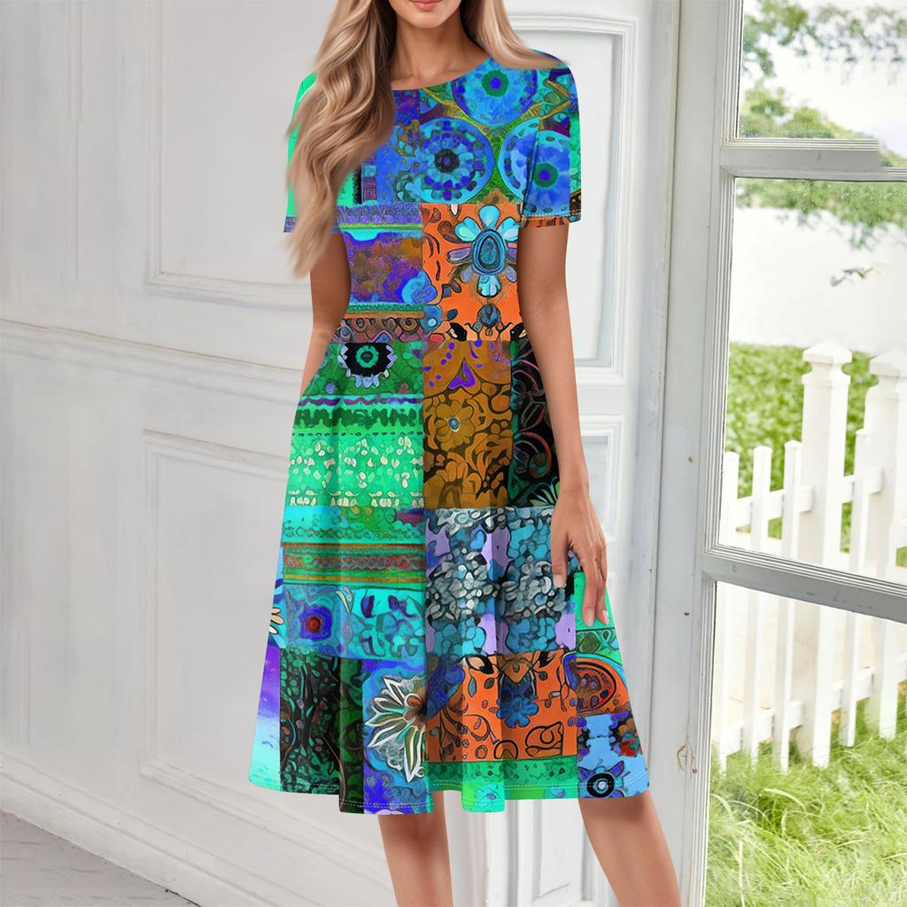 Women Casual Printed Round Neck Short Sleeved Long Dress