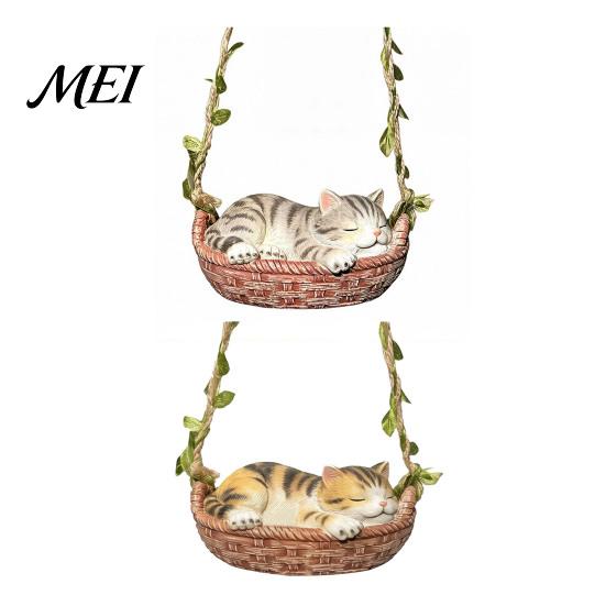 Decorative Vine Rope Cat Craft Hanging Basket Statue, Cute Sleeping Kitten Figurine, Outdoor Resin Ornament for Garden Patio Porch Decoration