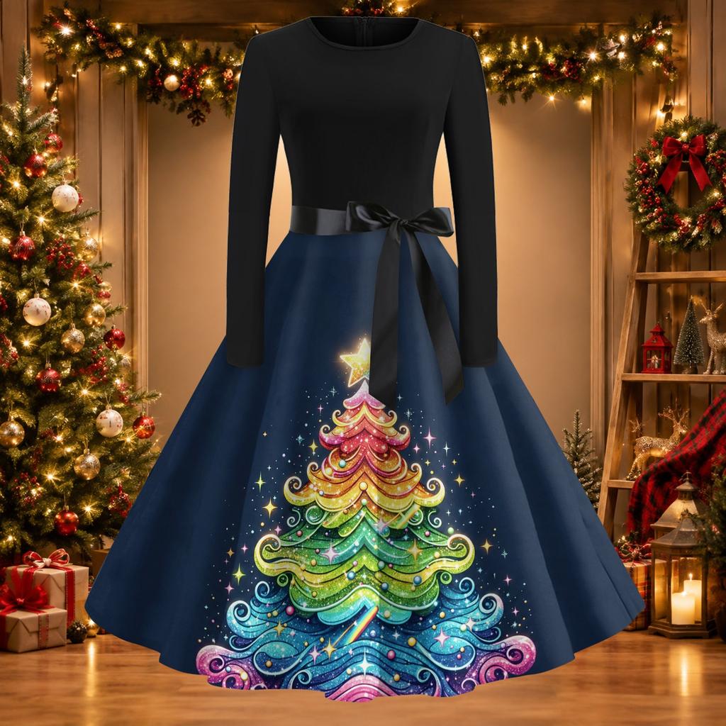Women's Casual Vintage Christmas Print Neck Dress for Holiday Party