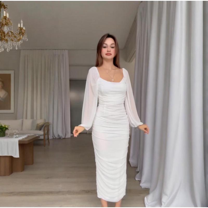 2025 Spring U-Shaped Pleated Solid Color Waist-Hugging Dress for Women