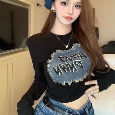 Black T-shirts For Women's Tees Long Sleeve Printed Letters Tops For Girls Y2K T-shirts