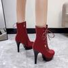 Size35-43 Punk Women Ankle Boots Zip Lace Up Pointe Toe High Heel Chelsea Pumps 11cm Wedding Party Woman Shoes High Heels Sexy