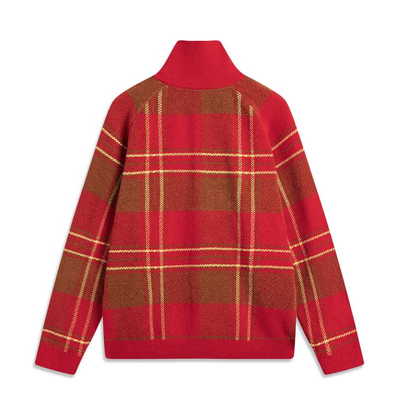 Li Ning Comfortable Casual Simple Stand Collar Versatile Long Sleeve Knit Shirt Men Tops Red Plaid AMBV177-2