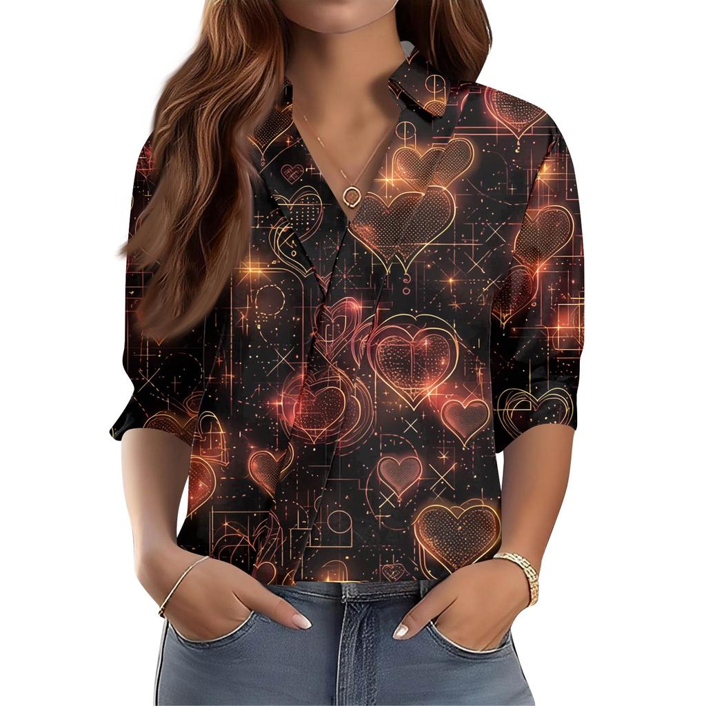 Women's 3/4-Sleeve V-Neck Shirt Printed Workwear Casual Regular Shirt Collar Top