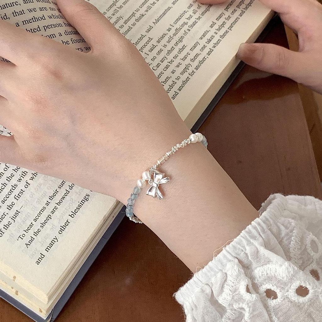 S925 Sterling Silver Freshwater Pearl Bracelet with Aquamarine Bow - Elegant Women's Jewelry