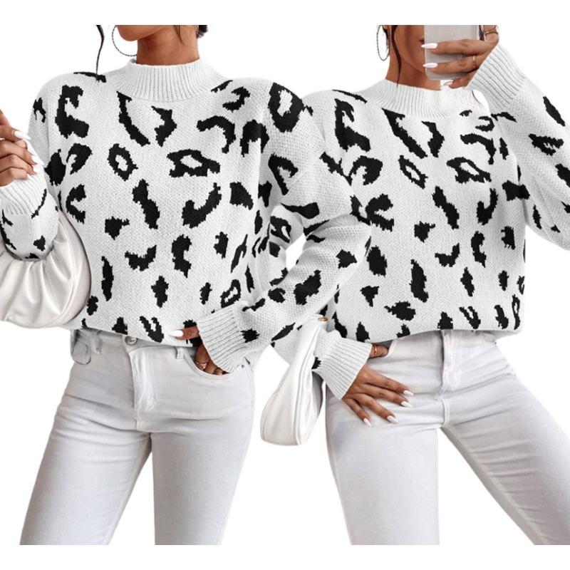 Women S Fashion Round Neck Long Sleeve Pullover Sweater Leopard Print