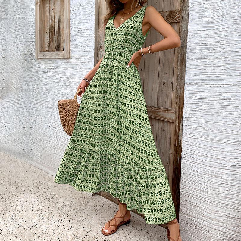 Women's Spring Summer  Lace Up Print Color High Waist Sleeveless Pleated Dress
