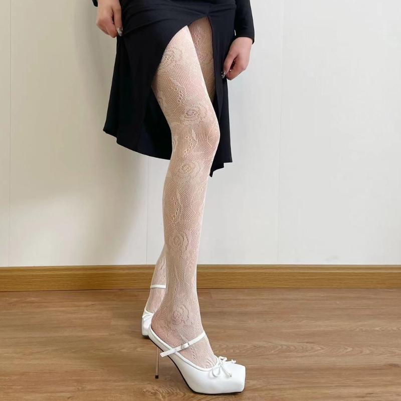 Women Chinese Style Sexy Hollowed Sheer Fishnet Pantyhose Rose Flower Jacquard Patterned Vintage Leggings Mesh Tights