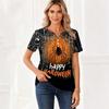 Womens Casual Halloween V Neck Short Sleeve Button T Shirt Spider Web Print Lightweight Top for Fall Seasonal Wear