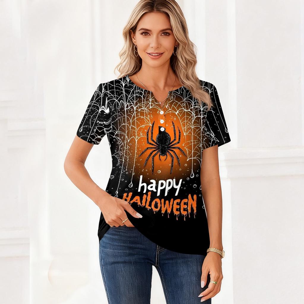 Womens Casual Halloween V Neck Short Sleeve Button T Shirt Spider Web Print Lightweight Top for Fall Seasonal Wear