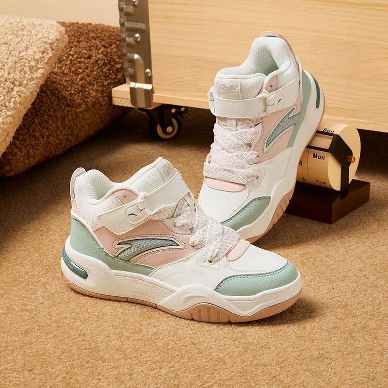 Anta Kids Bread Shoes Synthetic Leather Comfortable Versatile Non-Slip Wear-Resistant Mid-Top Sneakers Kids Sneakers White Pink A22448004-1