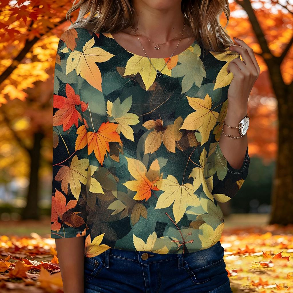 Women's Casual 3/4 Sleeve Printed Top - Maple Leaf Pattern Round Neck Blouse for Fall