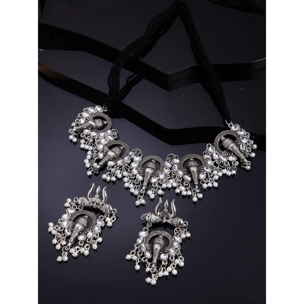 Shining Diva Fashion Latest Stylish Traditional Oxidised Silver Necklace Jewellery Set for Women