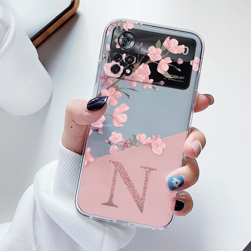 

For Poco X4 Pro 5G Poco M4 Pro Case Soft Slim Luxury A-Z Letters Back Cover Fundas Flowers Clear Bumper For Xiaomi Poco M4 Pro POCO M4 Pro 4G