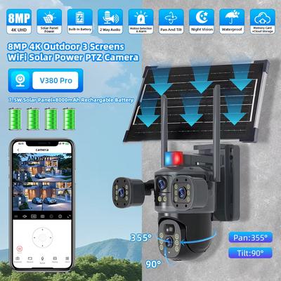LS VISION 8MP WiFi Multi-Objektiv 3 Bildschirm Solar Panel Powered 360 Grad Drahtlose Überwachung PTZ Kamera 4K V380 Pro Outdoor Sicherheit 4G Solar Kamera