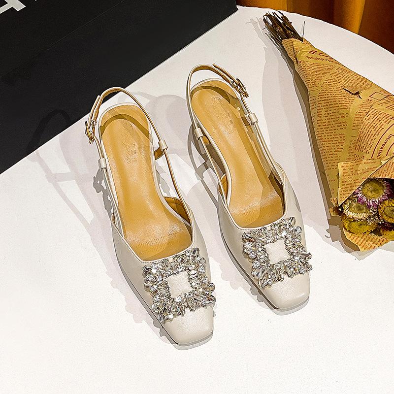 Baotou sandals women's 2025 new summer diamond buckle square head high heels French word with empty thick heel single shoes