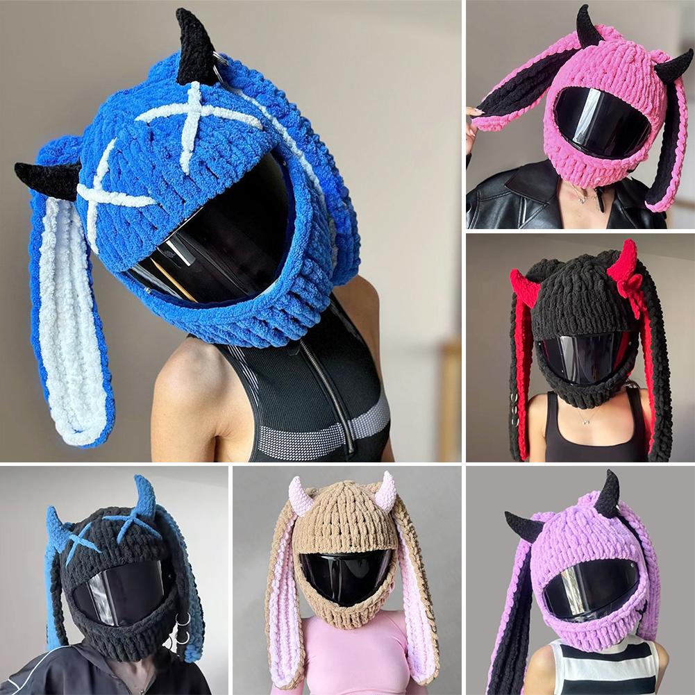 Winter Motorcycle Helmet Headgear Cover Trendy Devil's Horns Creative Cartoon Knitted Motocross Full-Face Protective Helmet Case