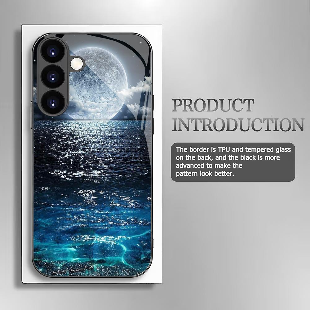 Moon Night Deep Sea Tempered Glass Phone Case Suitable for Samsung Galaxy S26 S25 S24 S22 S21 S20 FE/Ultra/Plus Anti Drop