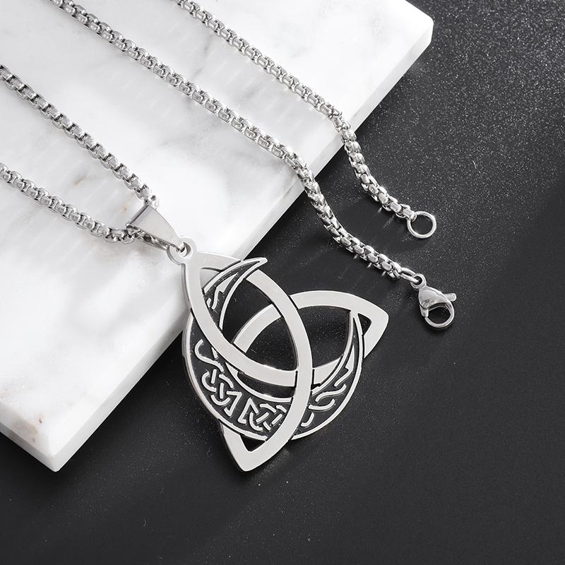 Irish Trinity Knot Celtic Moon Necklace Men Women Stainless Steel Vintage Triquetra Lucky Amulet Jewelry