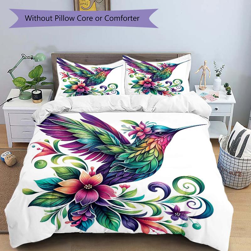 

3pcs Colorful Hummingbird with Floral Wings Pattern Bedding Set, 1* Cover + 2*Pillowcases, Printed Bedding Set, Soft and ComfortableJ017 135x200cm