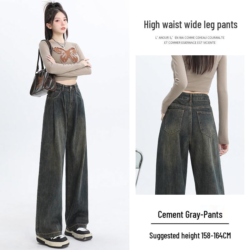 

Цементно-серые джинсы с высокой посадкой и широкими штанинами для женщин - Весенне-осенние ретро плиссированные повседневные брюки в пол M