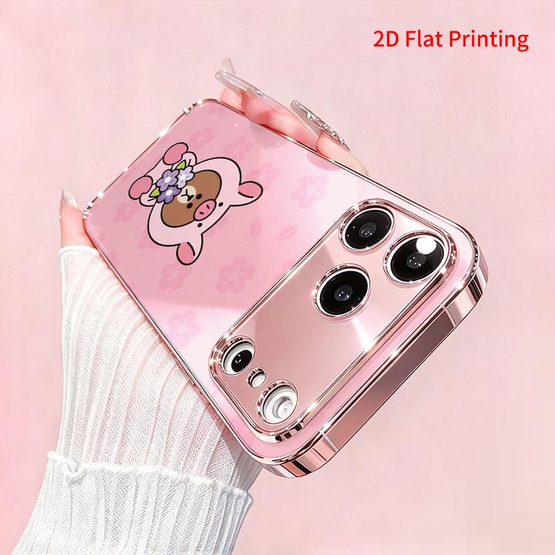 2DFlat electroplated tempered glass phone case,Cute Bear in Pink Hoodie with Flowers,suitable for iPhone 18 Pro Max 17 16 15 14 13 12 11