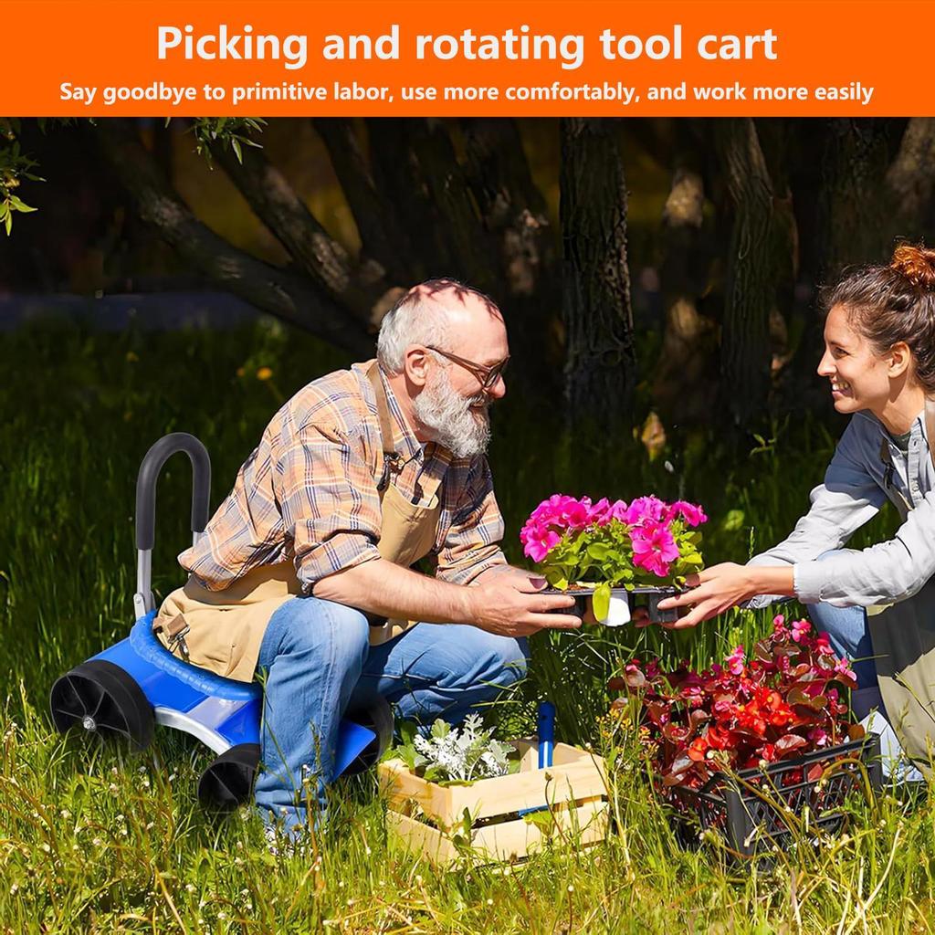 Rolling Garden Seat Adjustable Garden Cart with Wheels for Planting 360 Degree Swivel Gardening Chair Tool Tray for Outdoor
