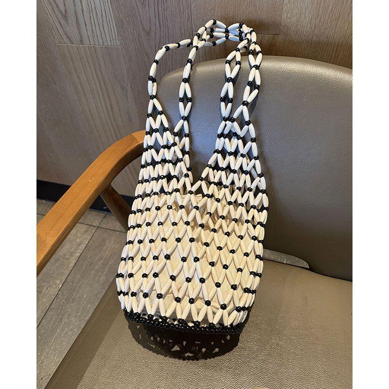 Summer Handmade Beaded Shoulder Bag Hollow-out Wooden Bead Tote French Hand-held Woven Bag Bucket Bag Reticulate Netted Handbags