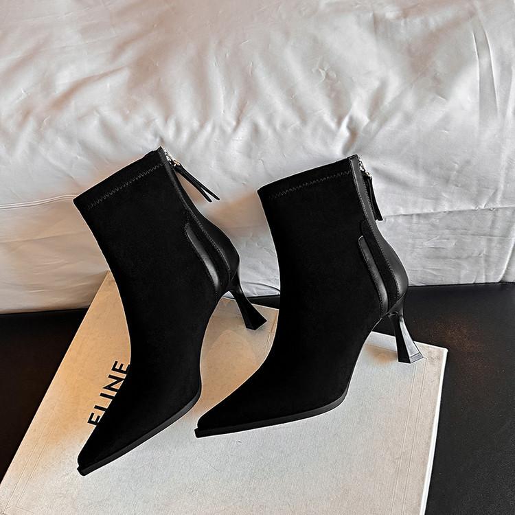 Qiaoyu temperament pointed short boots women's 2025 autumn and winter new small thin heel 7cm elastic boots high heel thin boots