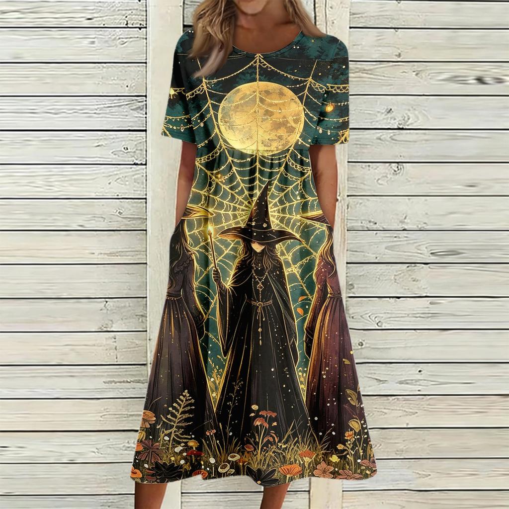 Women's Casual Halloween Print Round Neck Dress with Pockets for Festive Occasions