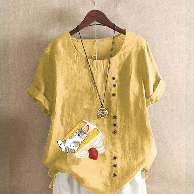 Women's Fashion Bread Cat Prined Short Sleeve T-shirt Loose Cotton Shirt Casual Loose Summer Blouse Tops Plus Size