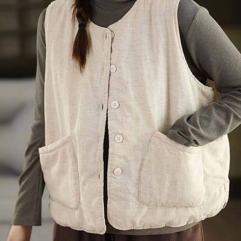 Vest for Women Cotton Autumn Winter Sleeveless Tops Vest Oversize Solid Color Vintage Large Pocket Sleeveless Vest Thickened Vest