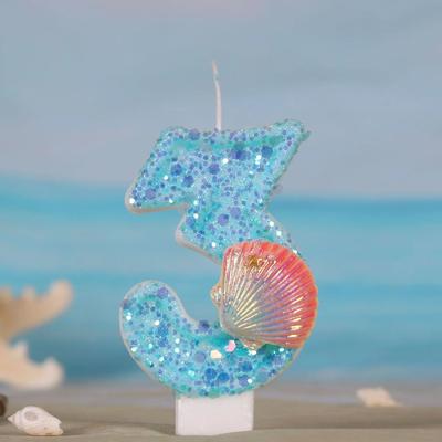 Ozean Meerjungfrau Kuchen Zahlenkerzen 0-9 Blau Kuchenaufsatz mit Pailletten Mädchen Geburtstagsparty Kuchen Dekorationszubehör Junge Muschel Geschenk