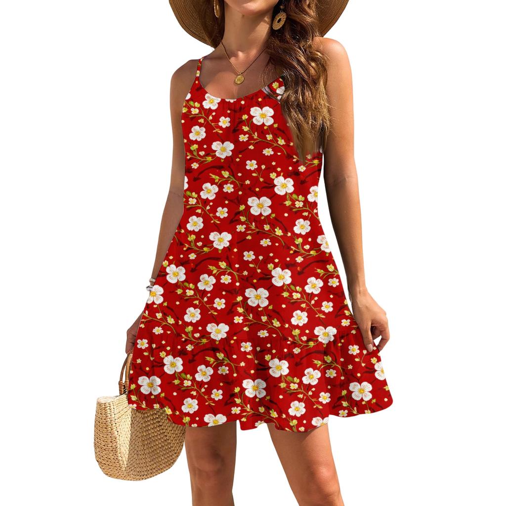 Women's Sleeveless Sling Loose Casual Elegant Beach Floral Print Dress