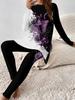 Crew neck long-sleeved set slim-fitting sports retro pattern printed slim-fitting yoga trousers set