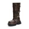 Cowhide Version~ British Belt Buckle Platform Knight Boots Women's Tall Boots But Knee Western Boots Genuine Leather Versatile Boots