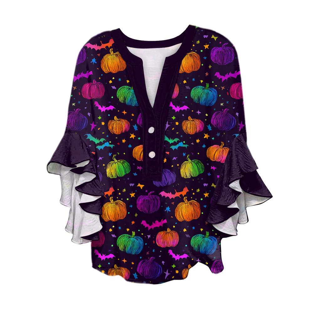 Women's V-neck Seven Quarter Sleeved Shirt Halloween Printed Top Casual Shirt
