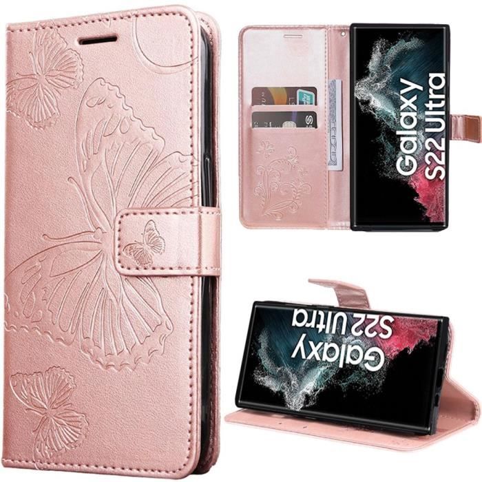 Coque de protection - BOOLING - pour Samsung Galaxy S22 Ultra - Effet cuir rose - Motif papillon - Anti-rayures