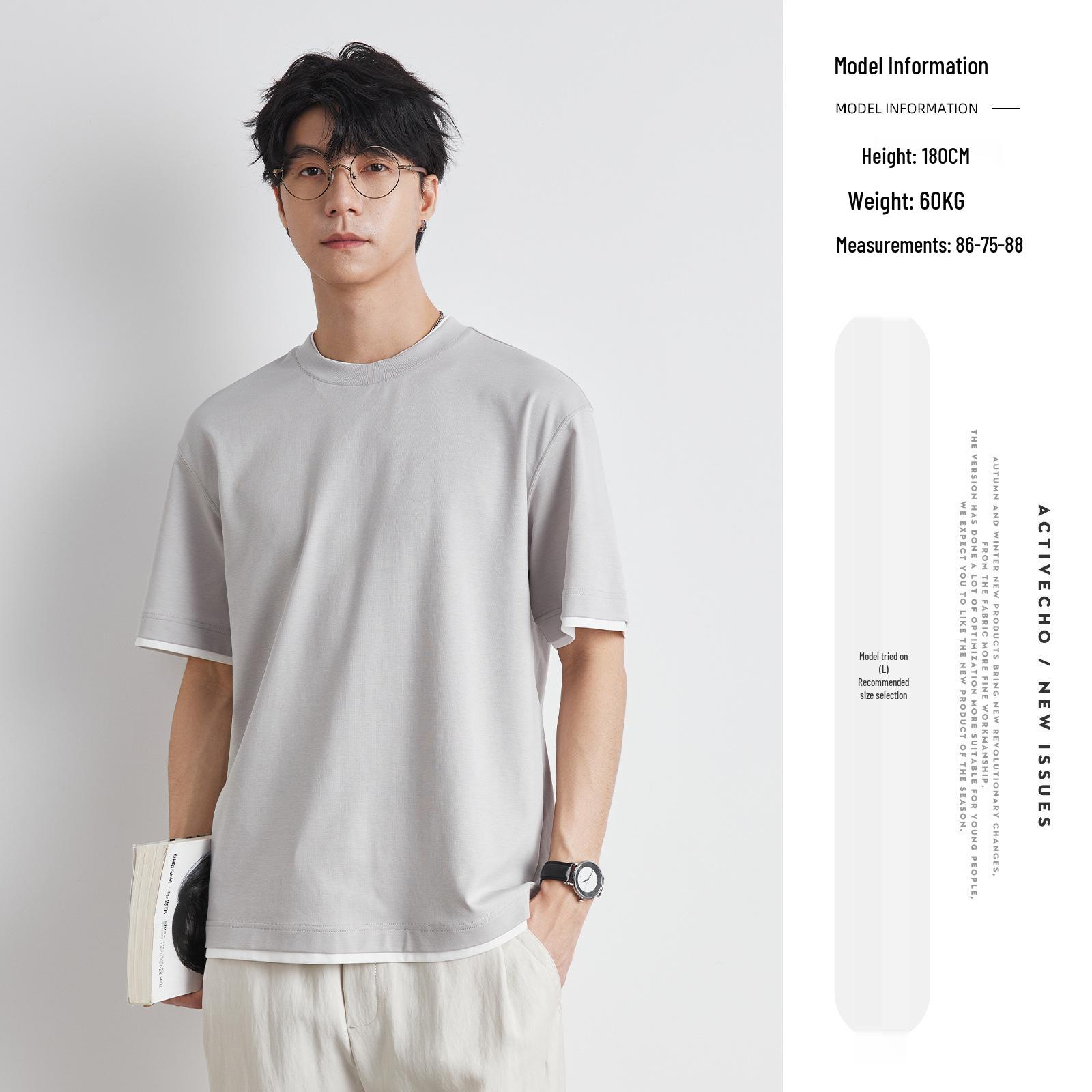 

Стильная мужская футболка Yi Zhi два в одном с коротким рукавом - Летняя коллекция 2025, корейская мода Extra Large светло-серый