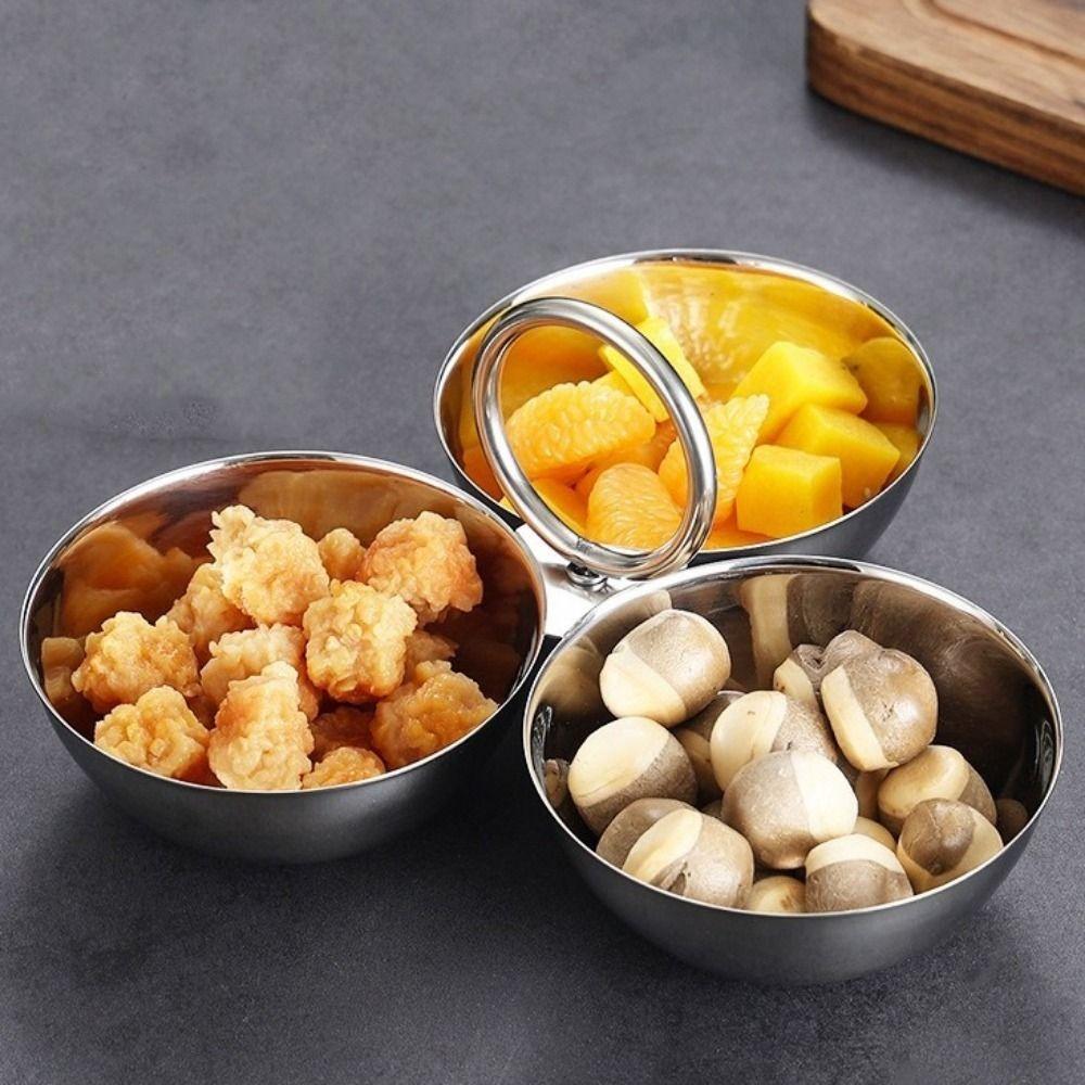 Stainless Steel 3-Compartment Snack Bowl Large Capacity Round Sauce Dish Dessert Plate  Office