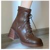 Fashion New Autumn/Winter Split Leather Women Boots Round Toe Chunky Heels Boots for Women Short Boots Zapatos Mujer Lace High Heels