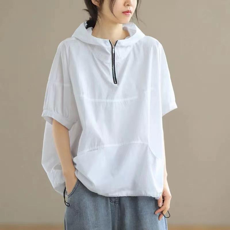 Hooded Women Summer  Loose Casual Zipper Short Sleeved T Shirt Fashion Sunscreen