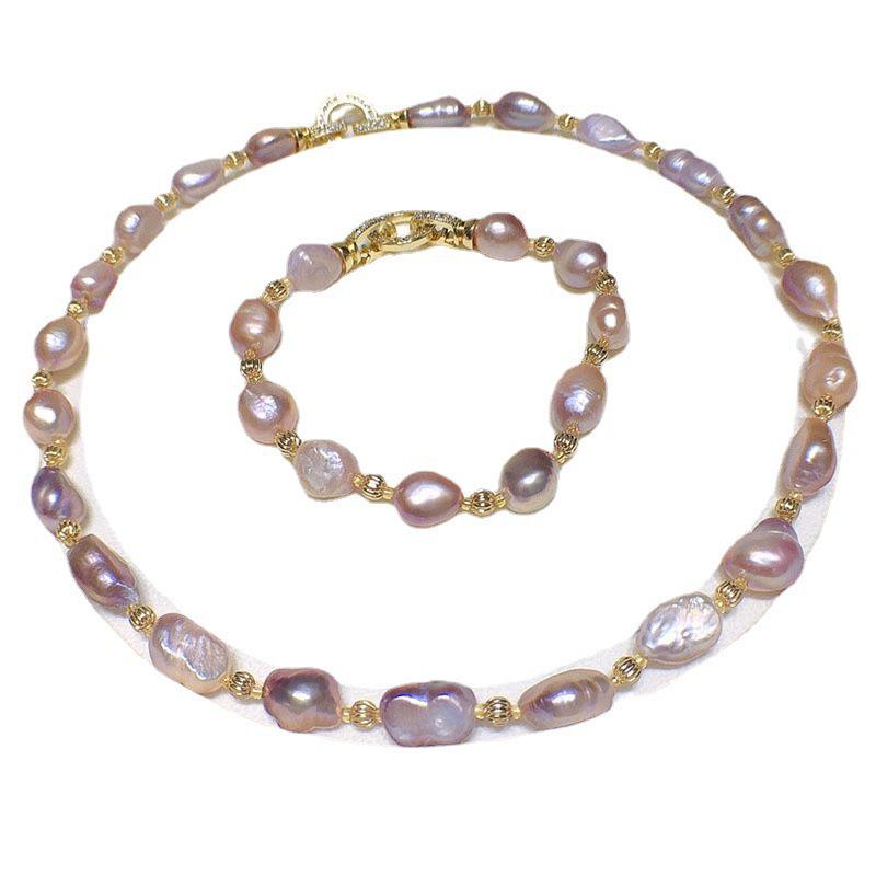Purple Baroque Freshwater Pearl Necklace & Bracelet Set for Women - Trendy, Irregular Shape, Personalized Fashion.