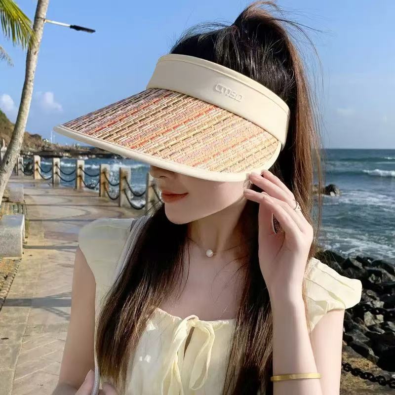 Summer UV Protection Empty Top Sun Protection Hat Women's Big Brim Rainbow Beach Shade Straw Hat Cycling Face Cover Sun Hat