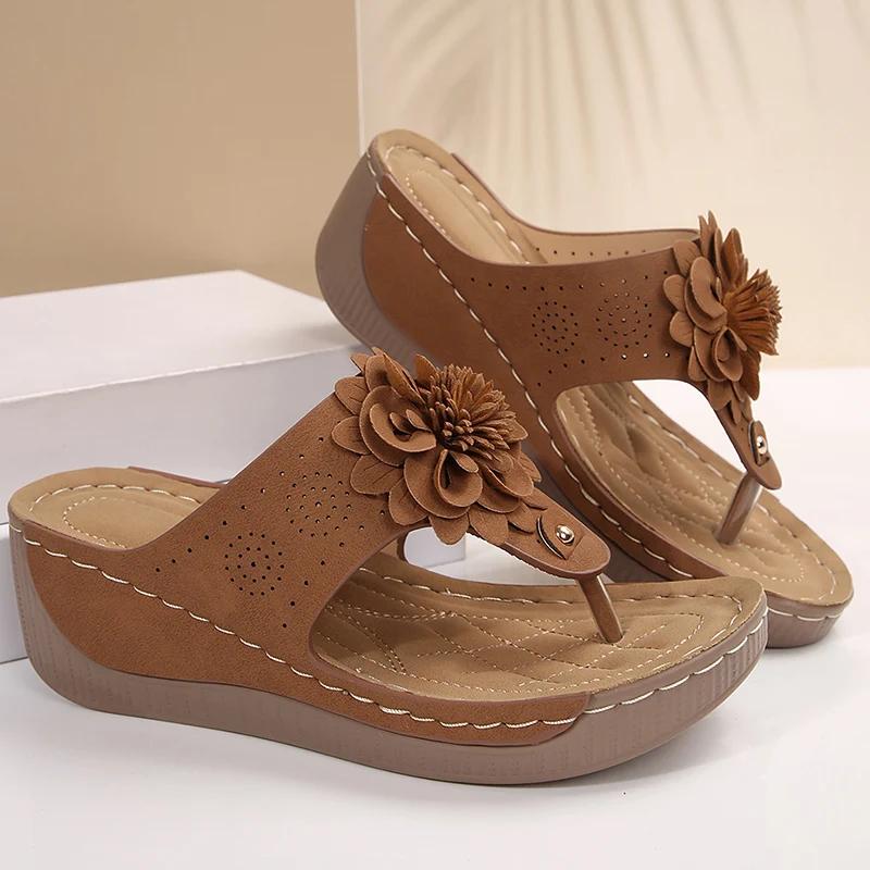 Fashion Big Floral Clip Toe Sandals Women Summer 2025 Comfortable Soft Sole Wedge Heels Slides Woman Casual Plus Size 43 Slippers Mujer