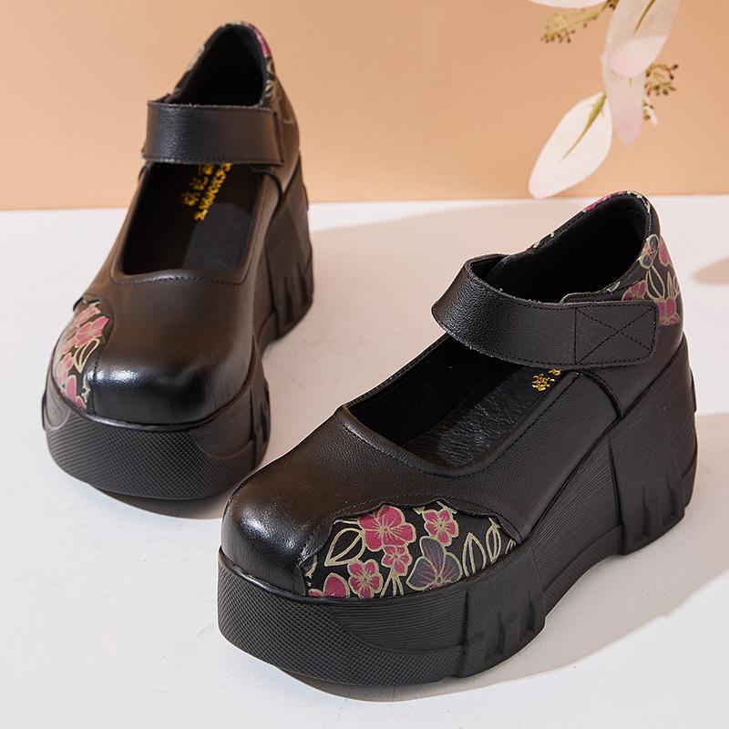 Fashion GKTINOO Thick Soled Heightening Pumps 2025 Spring New Genuine Leather Hook & Loop Versatile Retro Women's Platform Shoes