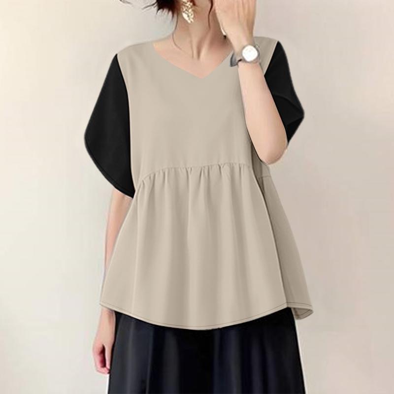 ZANZEA Women Casual V-Neck Patchwork Short Sleeve Loose Blouse