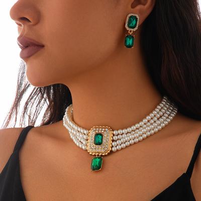 Temperament Leicht Luxuriös Quadratisch Voll Diamant Edelstein Halskette Choker Retro Imitation Perle Perlen Halsband Schlüsselbein Halskette