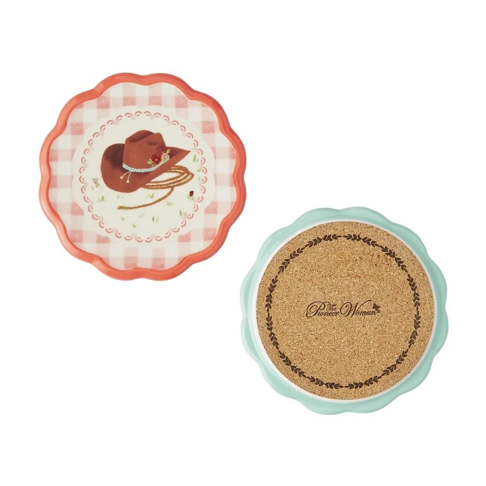 Set of 4 Gingham Ranch Coasters Stoneware Decorative Functional Water Stain Protection Hand Wash Unique Novelty Designs Durable